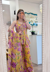 Yellow Floral Halter Neck Sharara Set