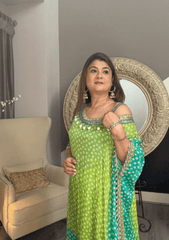 Embrace effortless style with our Bandhani Off - Shoulder Kaftan Set - Ensemble by Monika