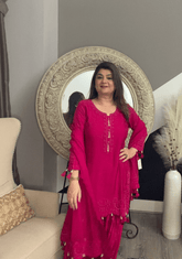 Hot Pink Hand - Embroidered Kurta Set - Ensemble by Monika