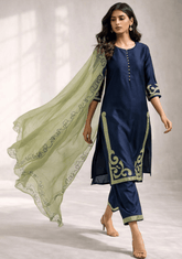 Navy Blue & Sage Green Contrast Suit Set - Ensemble by Monika