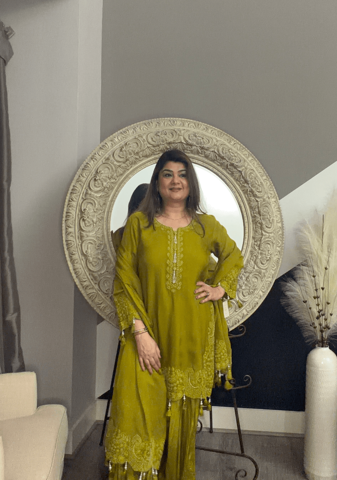 Olive Green Hand - Embroidered Kurta Set - Ensemble by Monika