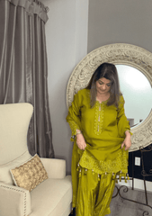 Olive Green Hand - Embroidered Kurta Set - Ensemble by Monika