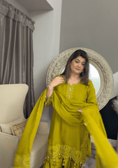 Olive Green Hand - Embroidered Kurta Set - Ensemble by Monika