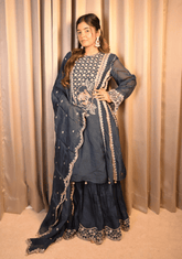 Teal Blue Organza Gharara Set - Ensemble by Monika
