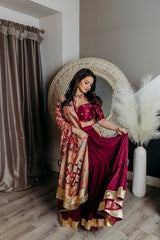Wine bandhej dupatta lehnaga set - Ensemble by Monika