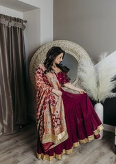 Wine bandhej dupatta lehnaga set - Ensemble by Monika
