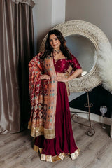 Wine bandhej dupatta lehnaga set - Ensemble by Monika
