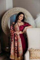 Wine bandhej dupatta lehnaga set - Ensemble by Monika