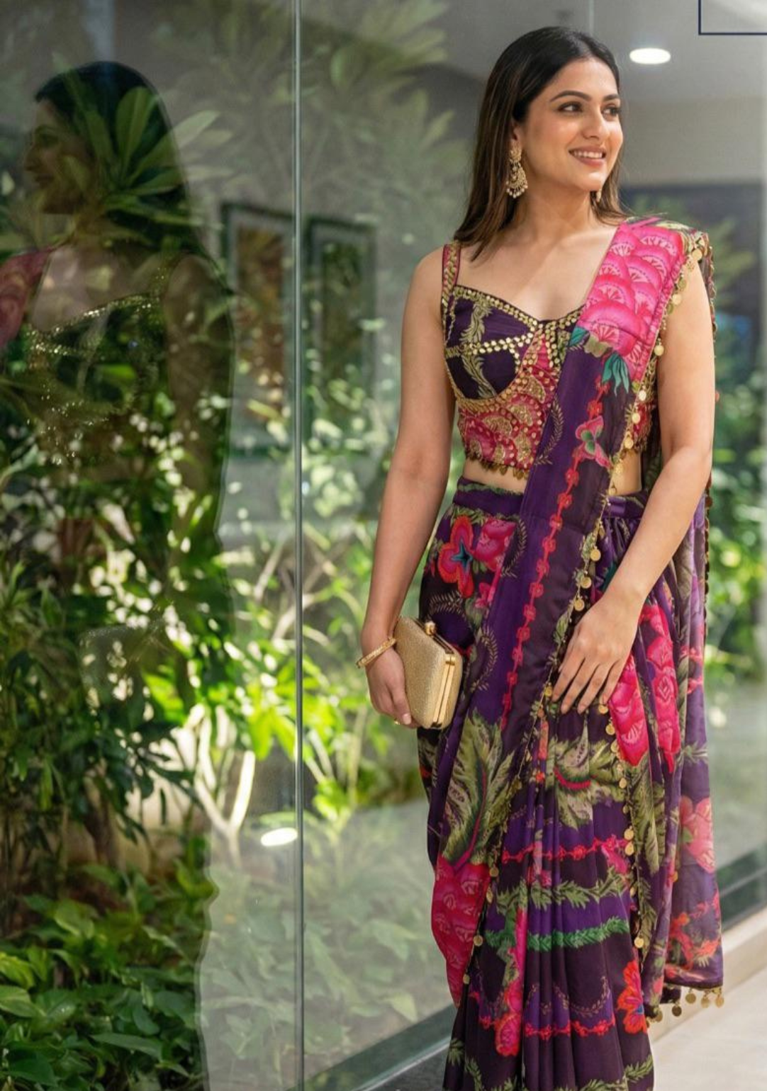 Purple Printed Corset Saree Set