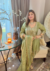 Mehndi Green Anarkali–Dhoti Set