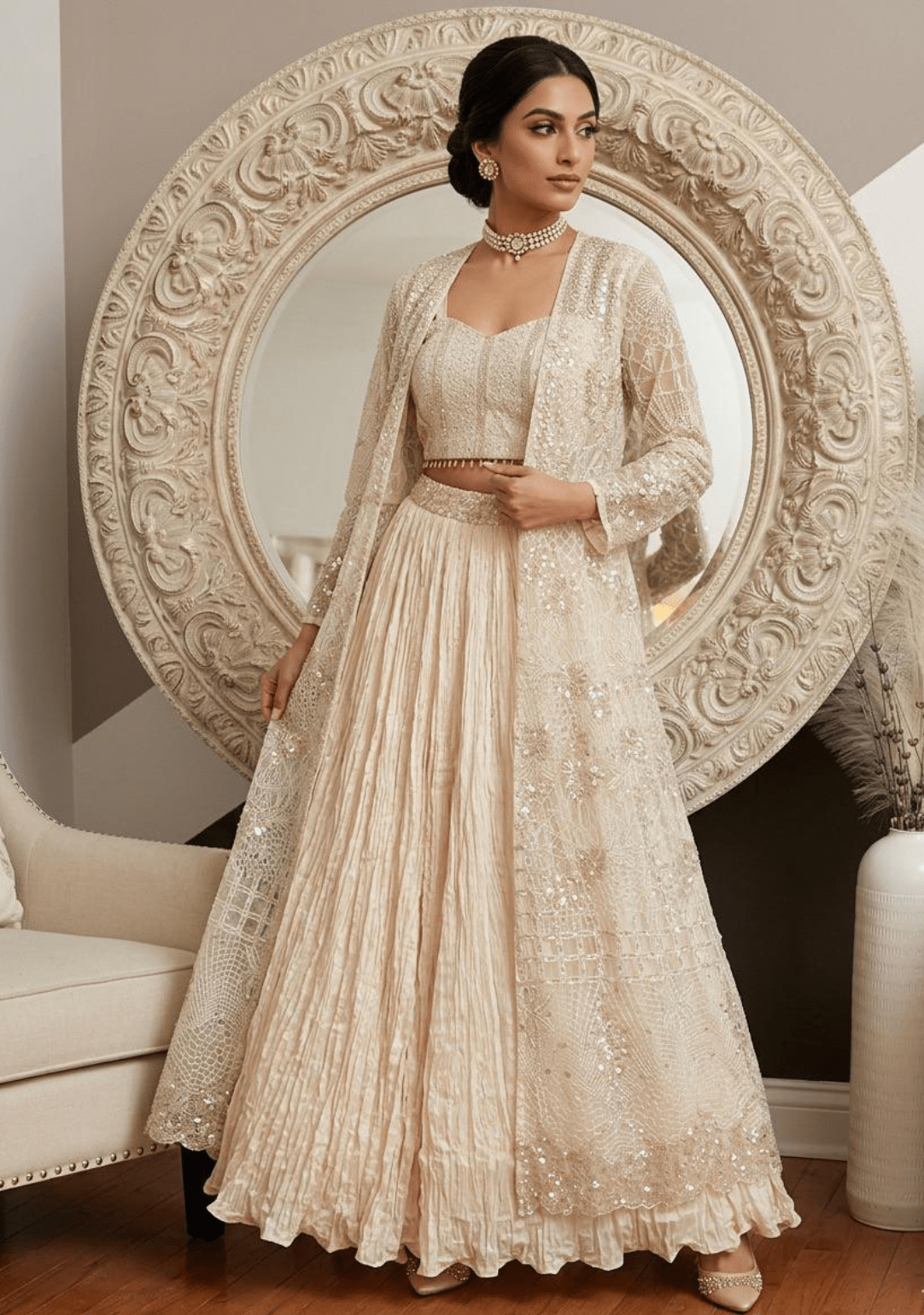Ethereal Ivory Bridal Indo - Western Lehenga with Embroidered Jacket - Ensemble by Monika