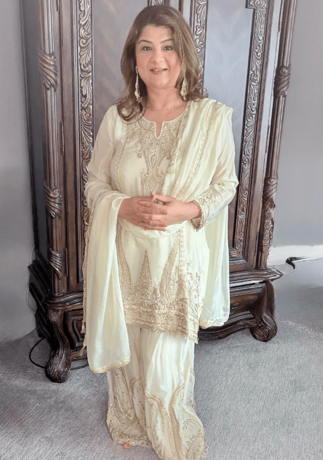 Ethereal Ivory & Gold Embroidered Sharara Set - Ensemble by Monika