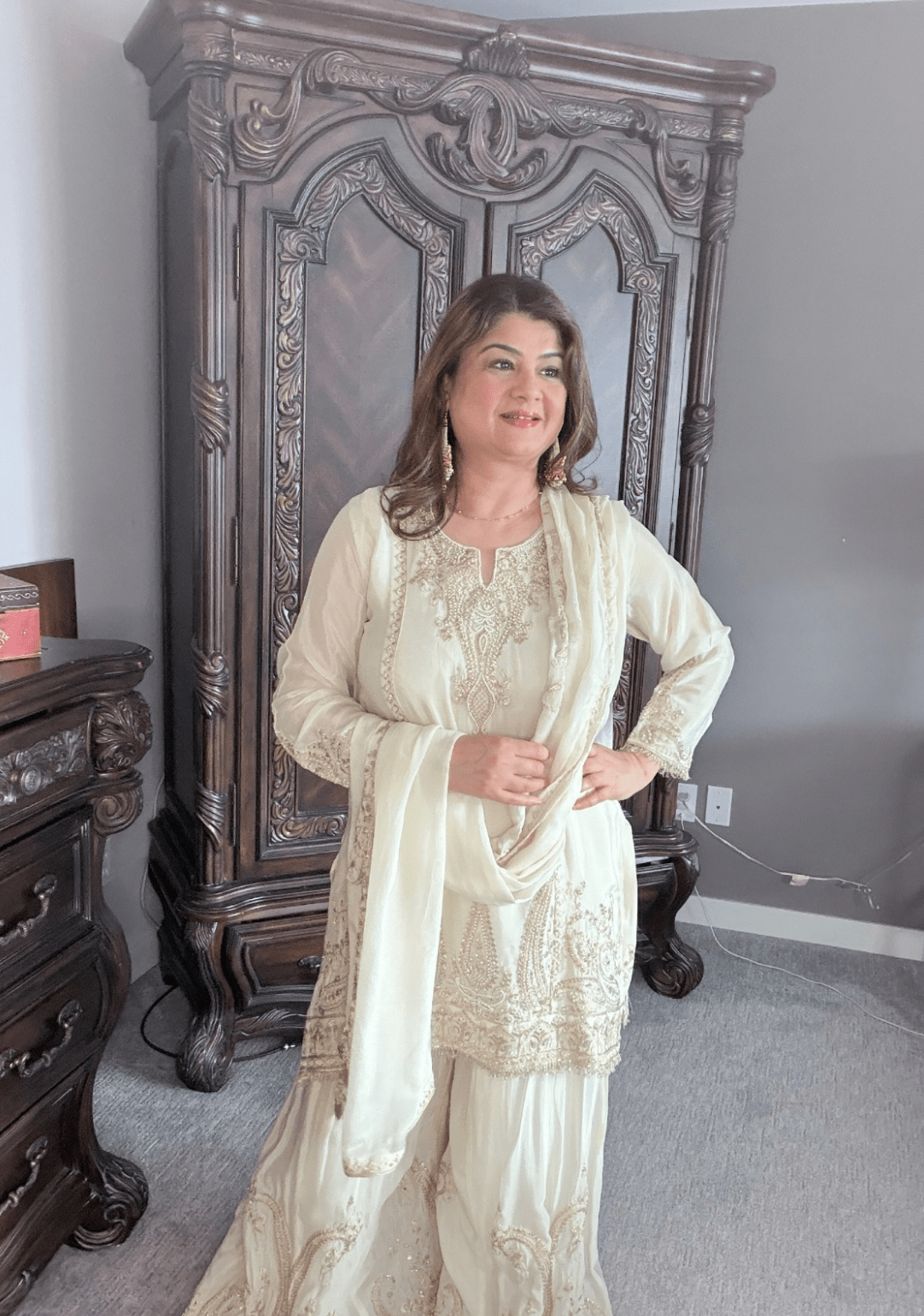 Ethereal Ivory & Gold Embroidered Sharara Set - Ensemble by Monika