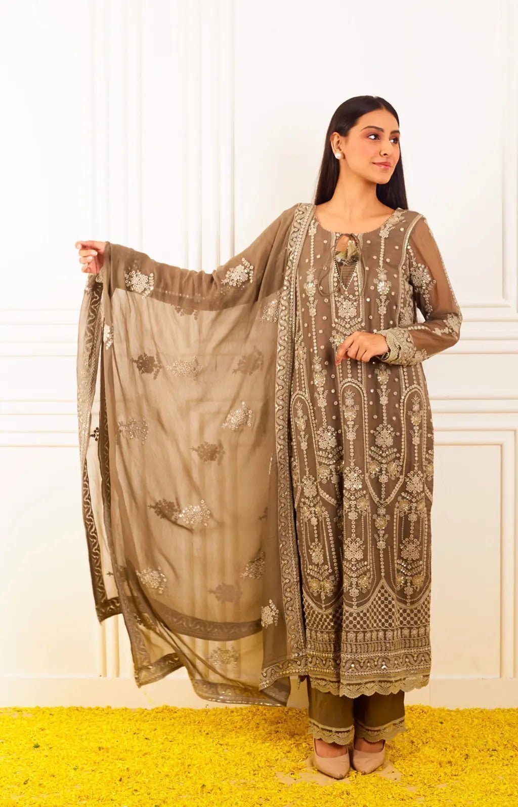 Georgette Chikankari all Over Embroidered Kurta with Faux Mirror Embroidery - Ensemble by Monika