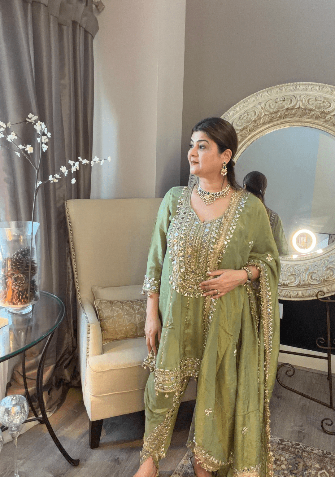 Mehndi Green Anarkali–Dhoti Set - Ensemble by Monika