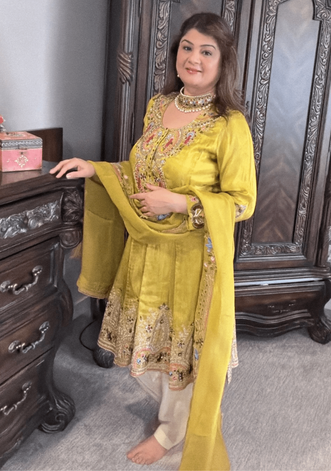 Mehndi Green Anarkali Kurta with Farshi Salwar Set - Ensemble by Monika
