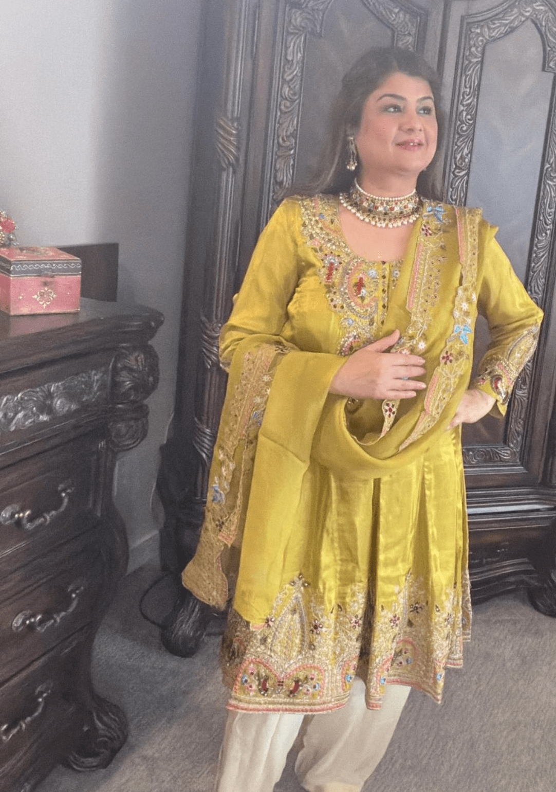 Mehndi Green Anarkali Kurta with Farshi Salwar Set - Ensemble by Monika