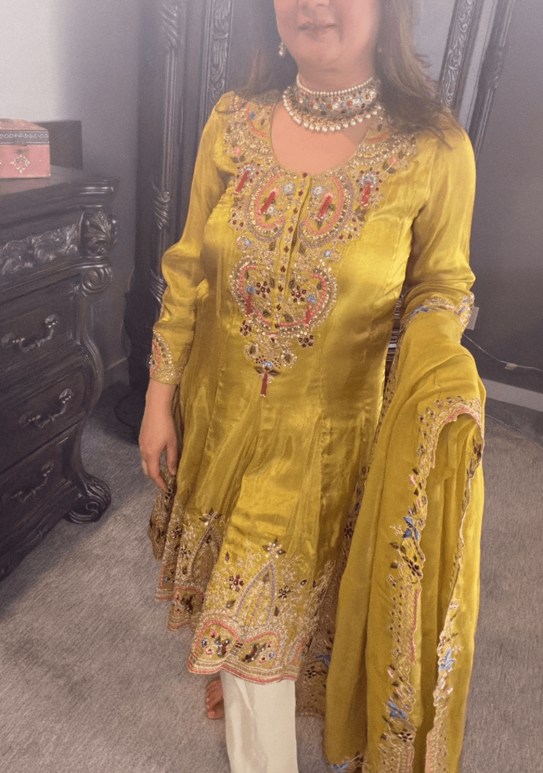 Mehndi Green Anarkali Kurta with Farshi Salwar Set - Ensemble by Monika