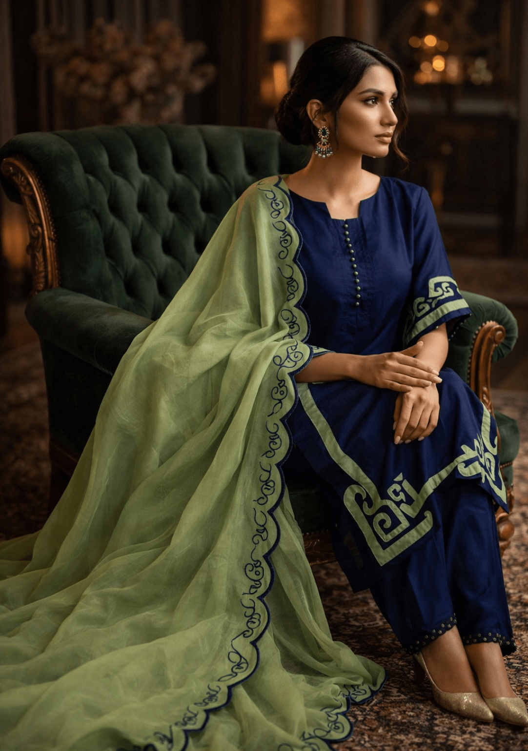 Navy Blue & Sage Green Contrast Suit Set - Ensemble by Monika