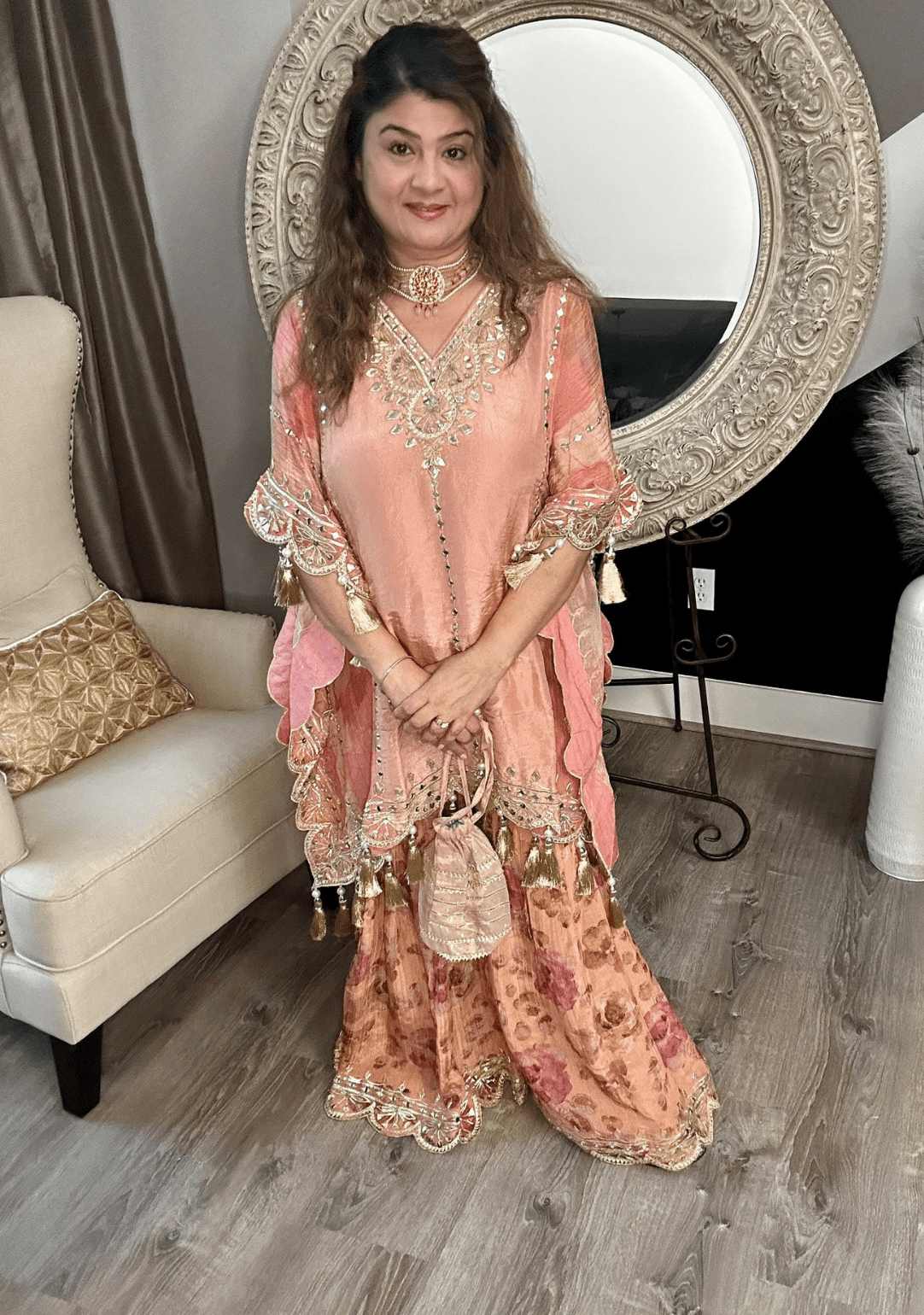 Peach Embellished Kaftan Style Set - Ensemble by Monika