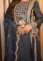 Teal Blue Organza Gharara Set - Ensemble by Monika