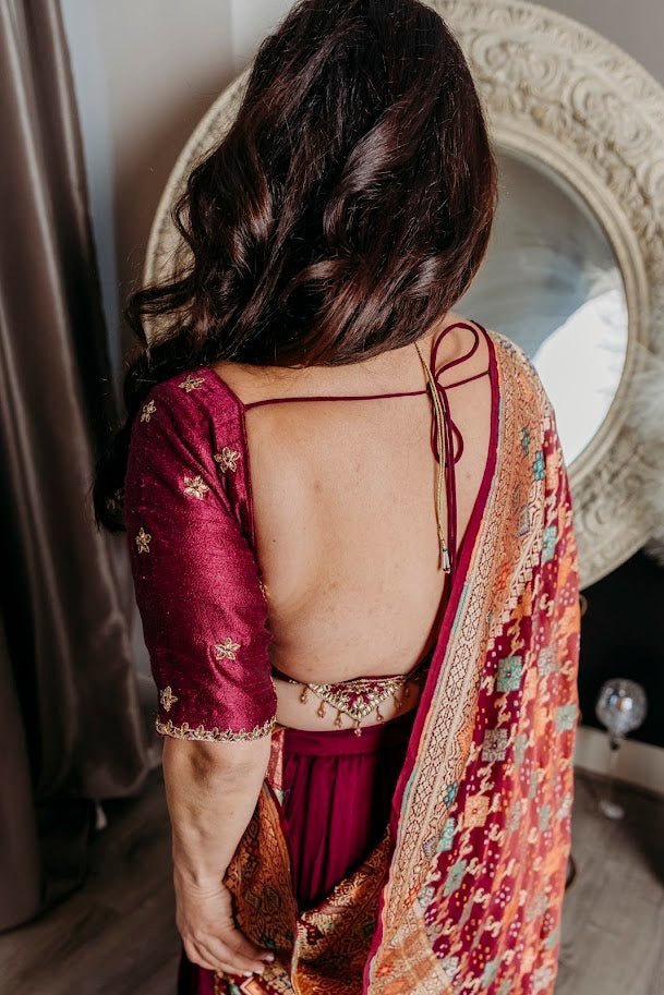 Wine bandhej dupatta lehnaga set - Ensemble by Monika