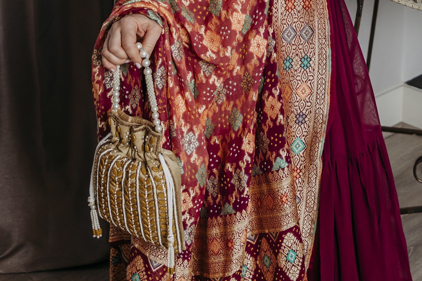 Wine bandhej dupatta lehnaga set - Ensemble by Monika