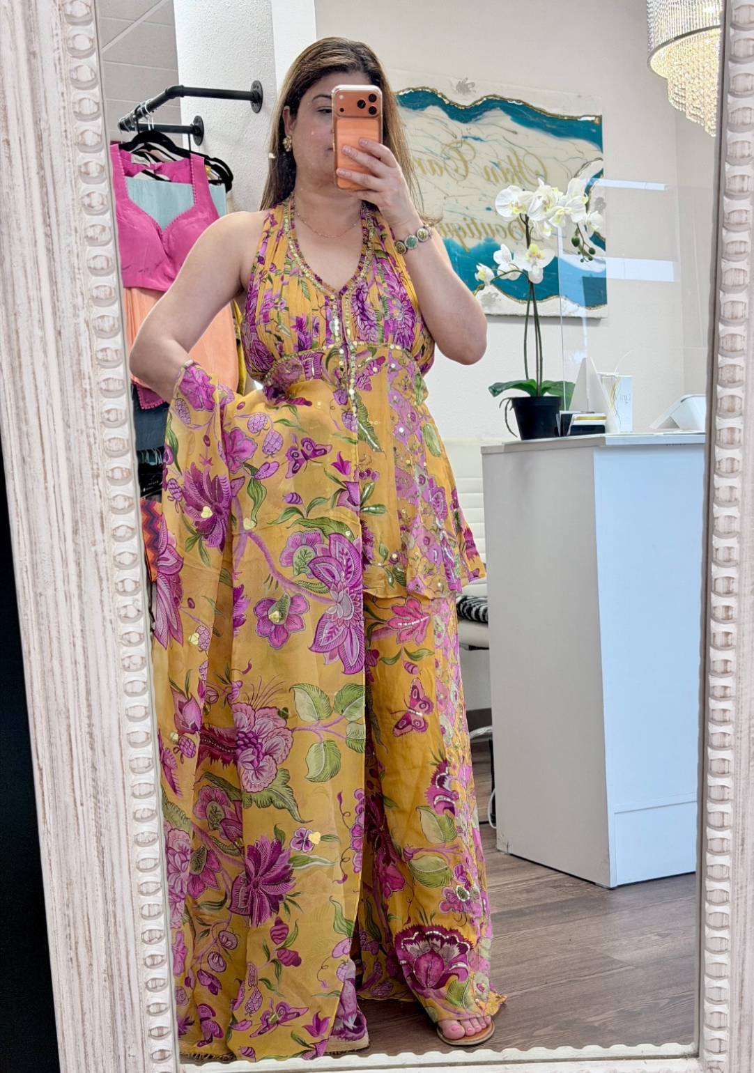 Yellow Floral Halter Neck Sharara Set - Ensemble by Monika